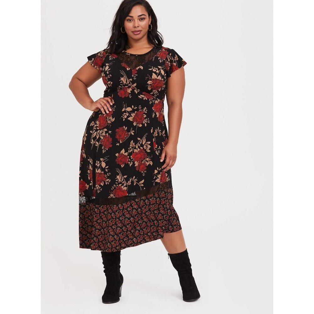 Torrid Midi Studio Knit Asymmetrical Black Flowers Dress Plus Size 1 (1X) - Picture 2 of 8